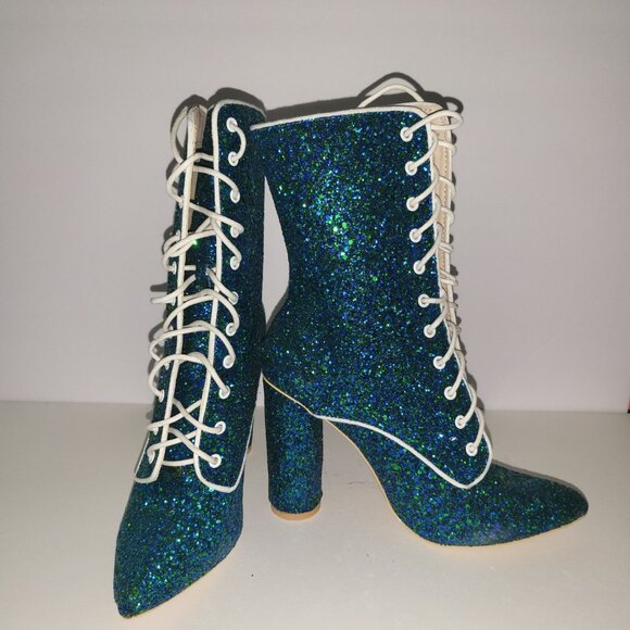 CAPE ROBBIN | Galaxy Glitter Blue Laced Mid Calf Heels - Picture 3 of 9